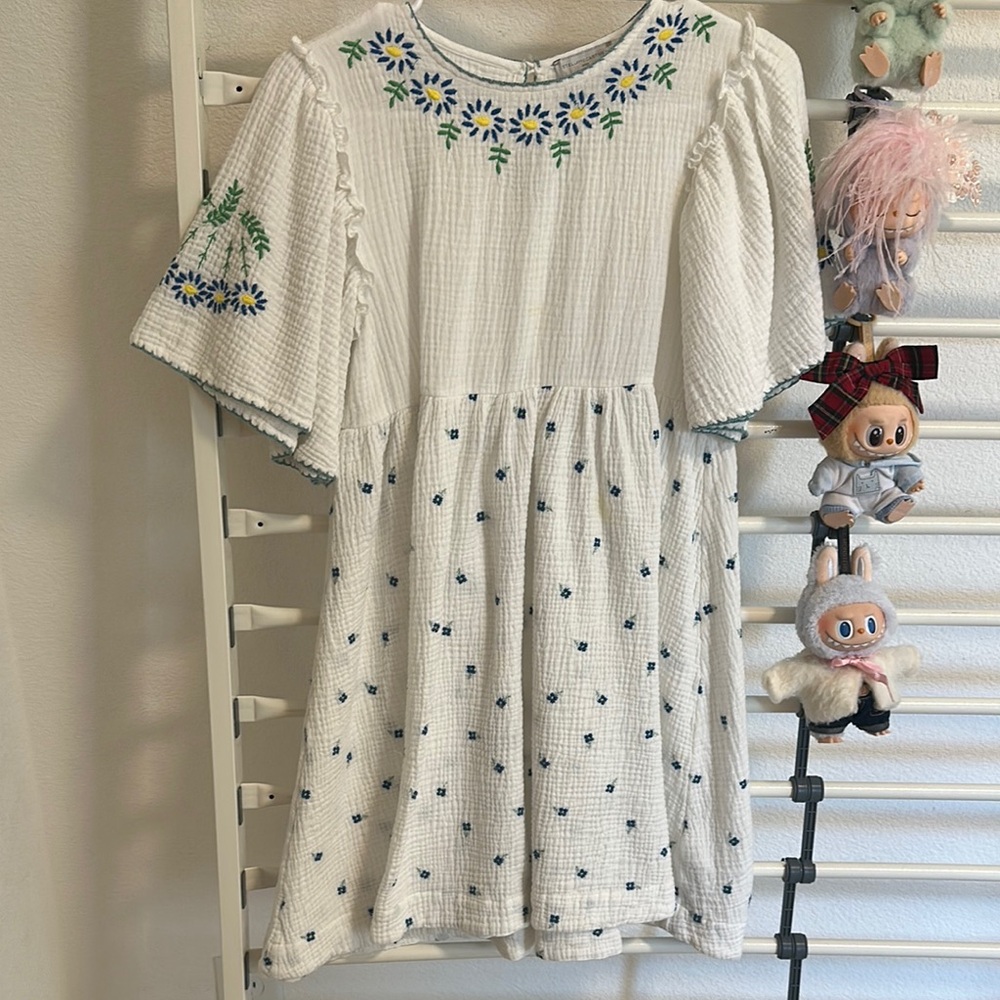 Floral Embroidered White Kids Dress